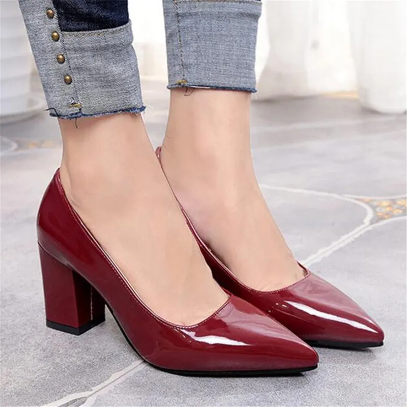 

Women Pumps 2023 Women's Shoes Patent Leather Pointed 7Cm Thick High Heel New Single Shoes Female Autumn Shallow Size 33-50