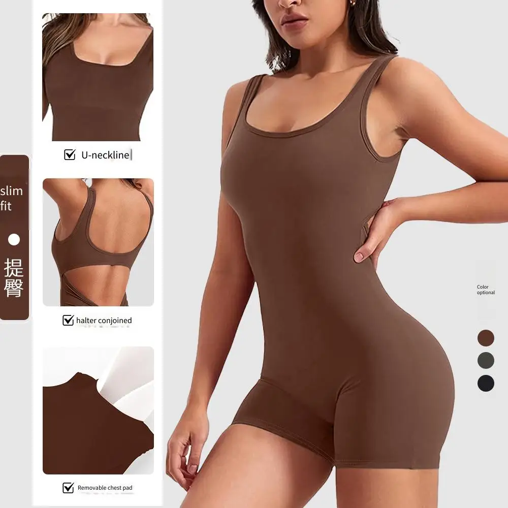 

After exercise V waist hip lift fitness shorts jumpsuit with chest pad tight high elastic yoga jumpsuit