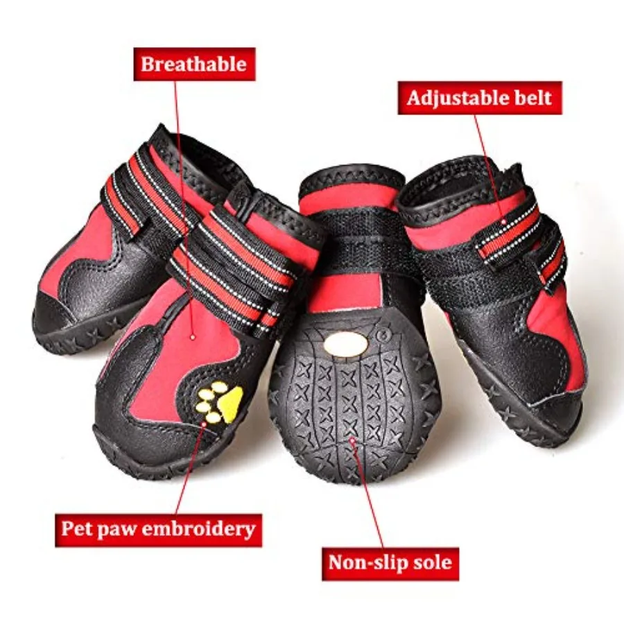 NonSlip Waterproof Dog Boots for Outdoor Use Rugged Sole Dog Shoes for Medium to Large Dogs 4Pcs Set in BlackRed Ideal for Hiki