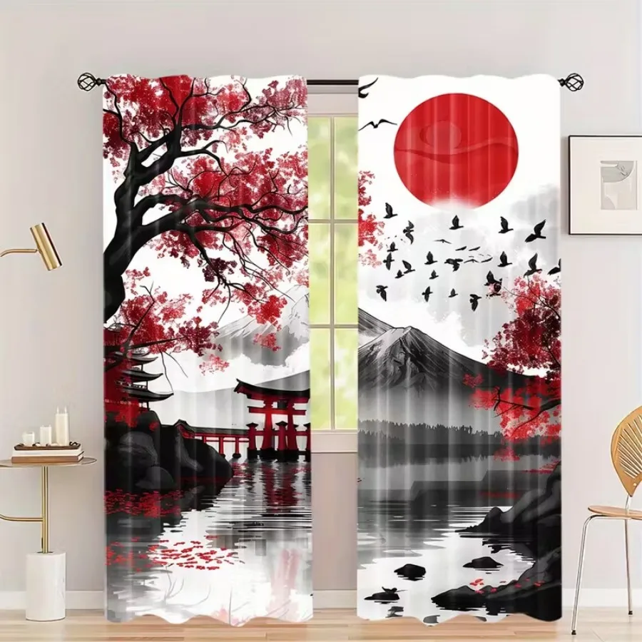 2 PCS Red Maple Fuji Curtains, Japanese Style Window Drapes for Living Room Bedroom Home Decor Polyester Rod Pocket Design