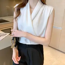 Wrap V-Neck Sleeveless Slim Fit Women Top Solid Color Satin Blouse Office Shirt Female Clothing Summer Slim Pullover Tee Top