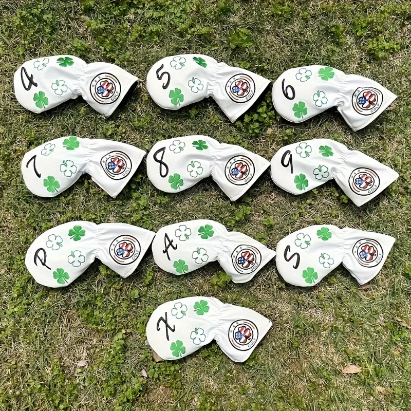 Set Penutup Kepala Tongkat Golf PU Bordir Lucky Clover - 10pcs, Pelindung Tongkat Golf yang Tahan Lama dengan Penutup Aman, Desain Leher Panjang