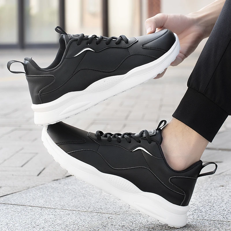 Men PU Leather Running Sneaker Lace-up Fitness Sport Light Comfortable Breathable Black Walking Shoes Tenis Size 39-46