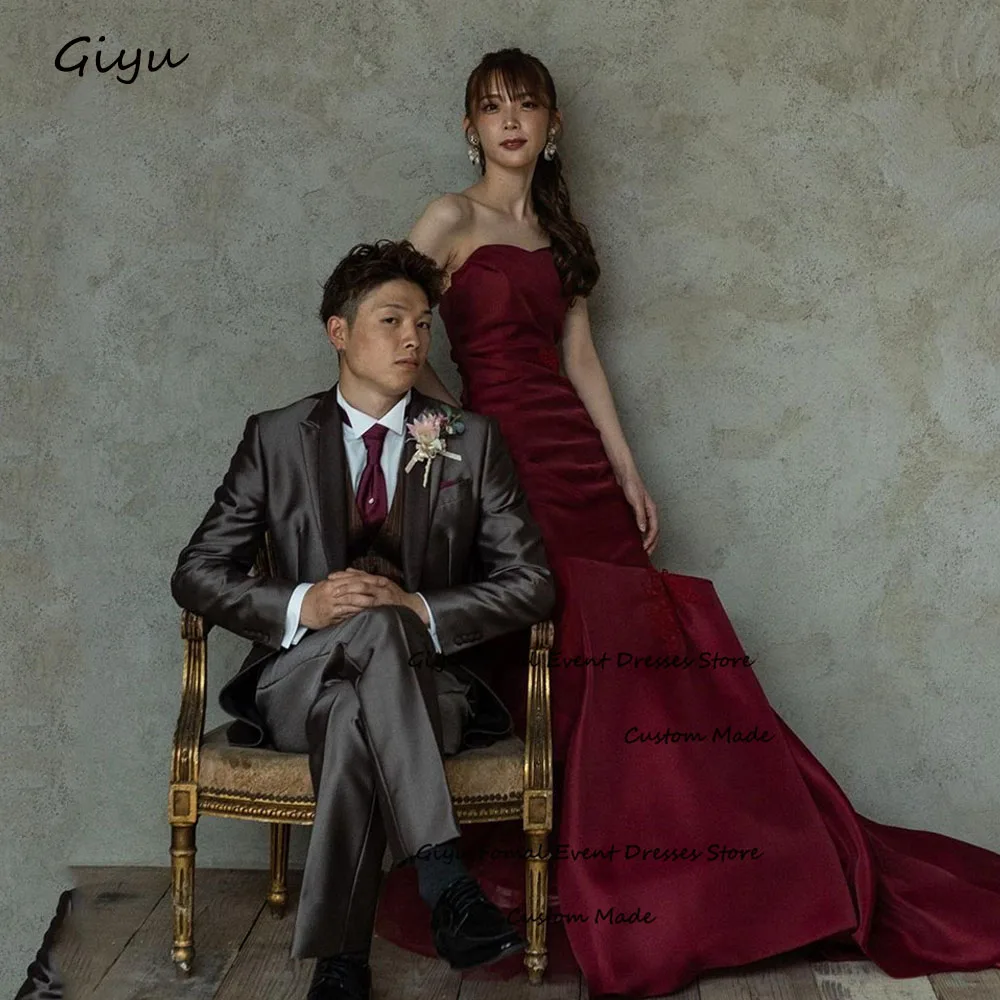 

Giyu Modern Style Red Wedding Dress Photoshoot Strapless Pleat Floor-length Evening Gown Dress Graduation dresses