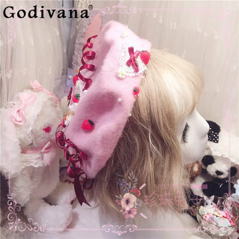 Original Sweet Grils Pink Lolita Berets 2026 New Japanese Style Handmade Gorgeous Princess Beret Woman's Lo Y2k Hats