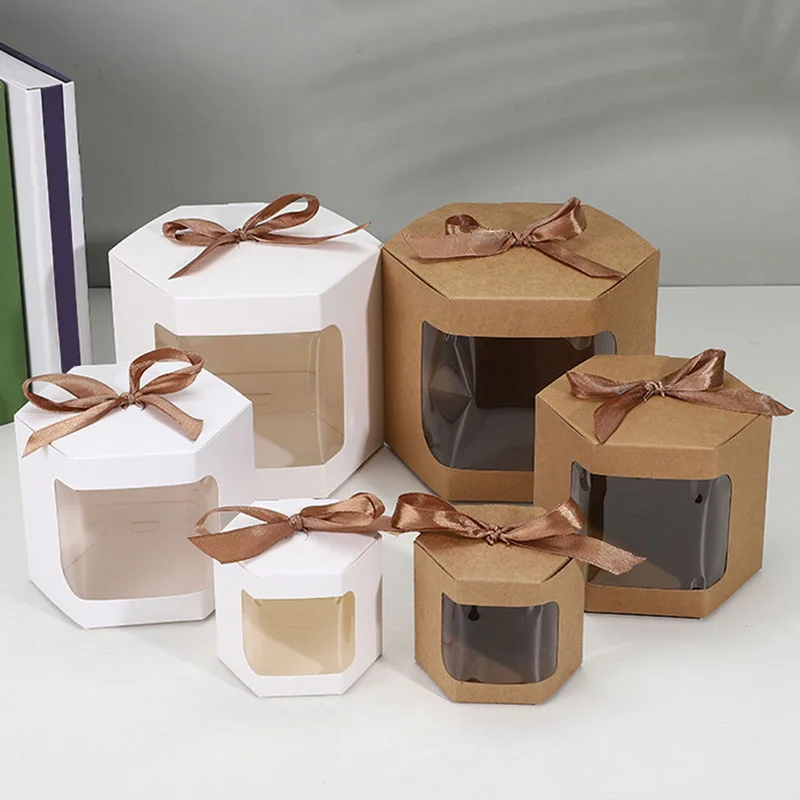 12PCs Kraft Paper Ribbon Candy Cookies Box Transparent Window Brown Handmade Gift Packaging Boxes Wedding Party Favor Gifts Bags