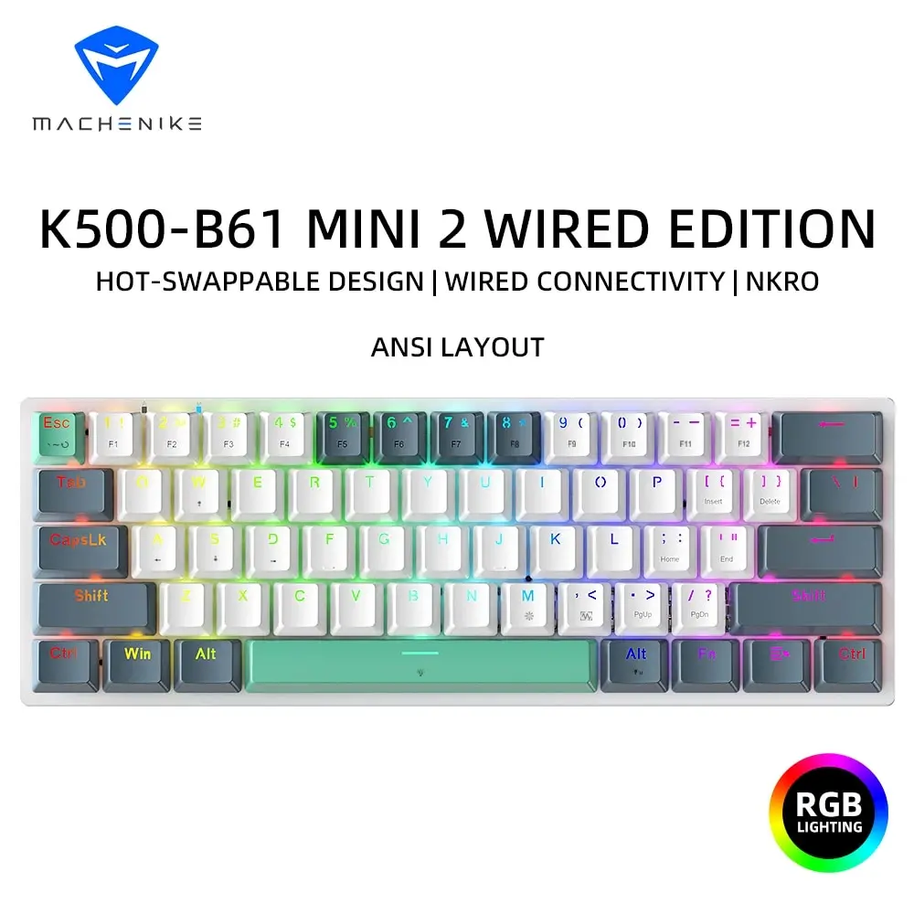 Machenike K500-B61 Mini 2 Mechanical Keybaord 60% Form Factor 61 Key Wired Gaming Keybaord Hot-Swappable NKRO RGB Backlit For PC