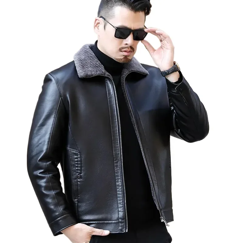 Men\'s Fur One Casual Thickened Motorcycle Jacket Mens Fashion Leather Jacket Male Plus Cashmere Sheep Leather Jacket Short Coat