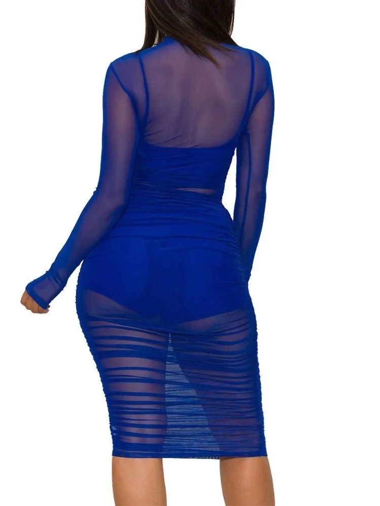 New Women Mesh See Through 3 Piece Set Bodycon Ruched Cover Up Mini Dress+Camis+Shorts 3 Pieces Suits Sexy Party Female Outfits