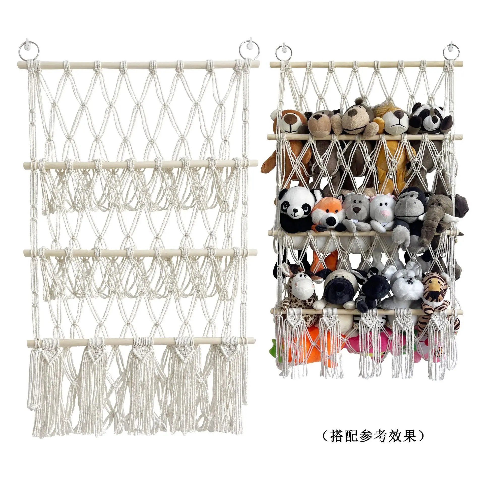 3 level Bohemian shelving. Wooden stick double-layer toy storage net, children's room study wall decoration. Doll towel storage