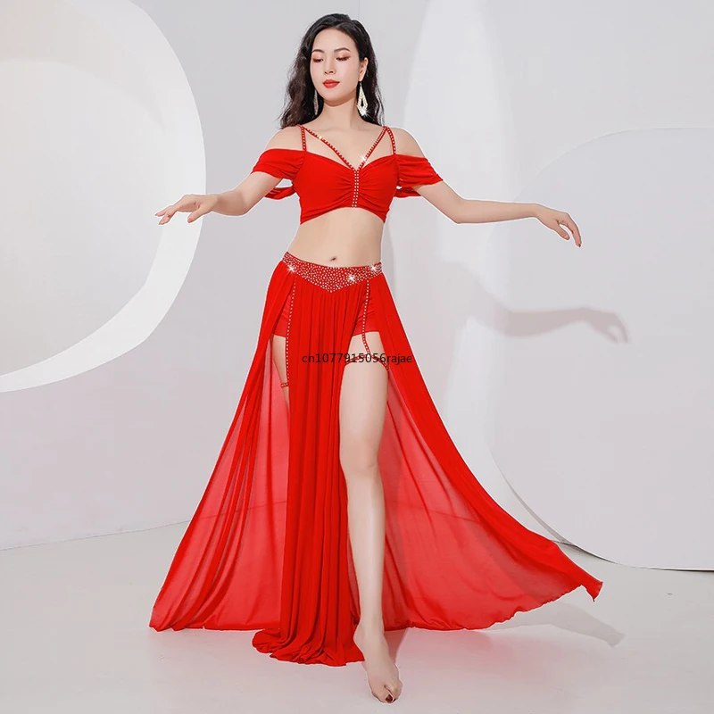 Belly Dance Suit Sling Top Off Shoulder Sleeves Split Skirt Practice Clothes Aldult Oriental Women Dancing Performance Clothing