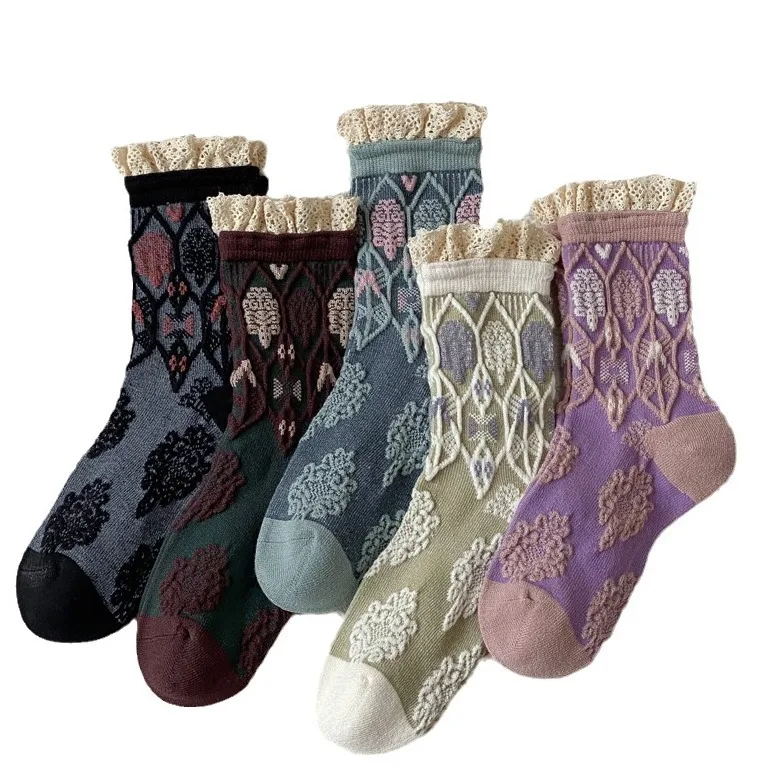 5 Pair Korean Style Women Socks Cotton Harajuku Ladies Winter Socks Set Kawaii Flower Print Fashion Streetwear Cute High Quality