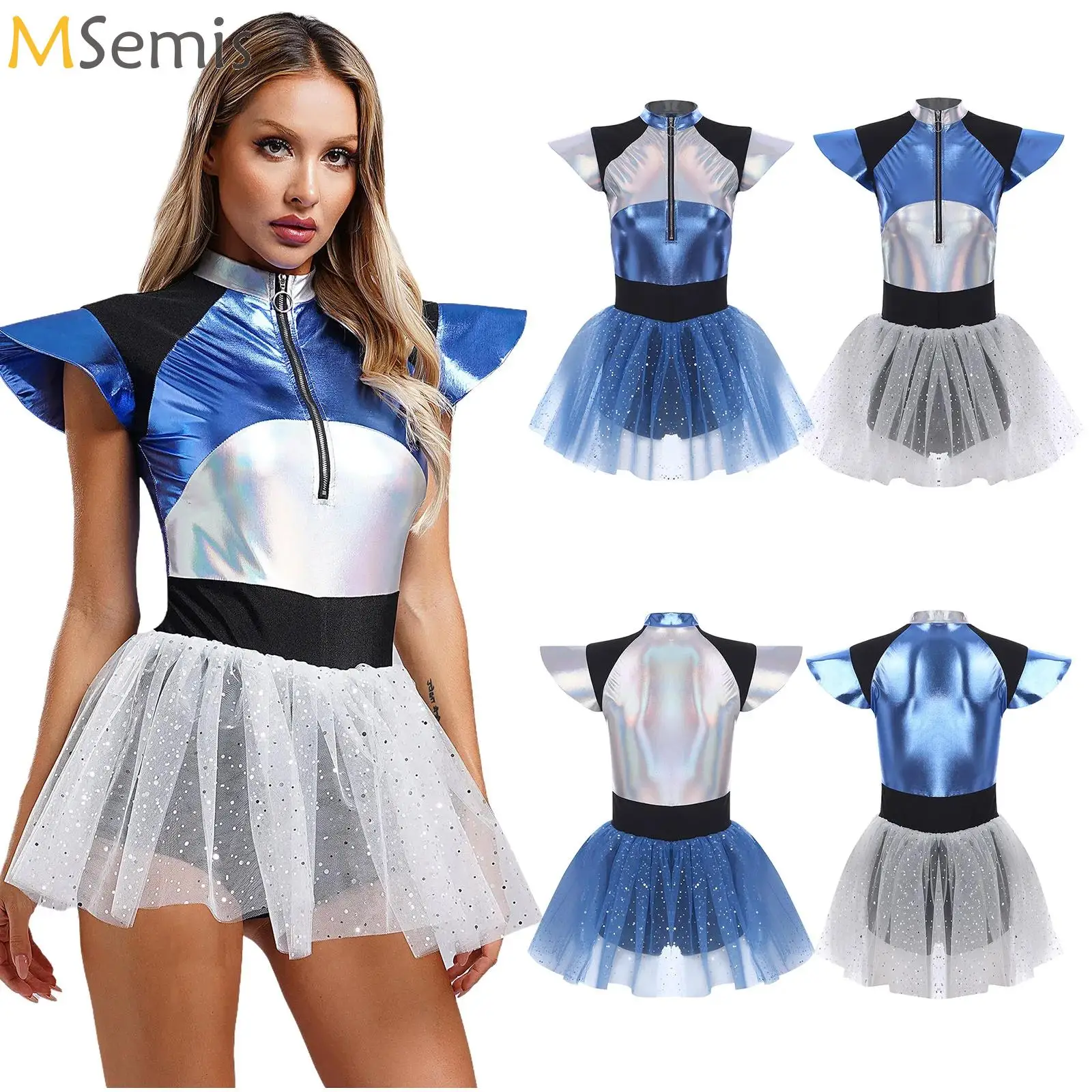 

Woman's Halloween Carnival Outerspace Astronaut Alien Robot Cosplay Costume Metallic Cap Sleeve Tutu Dress Space Cadet Clothes