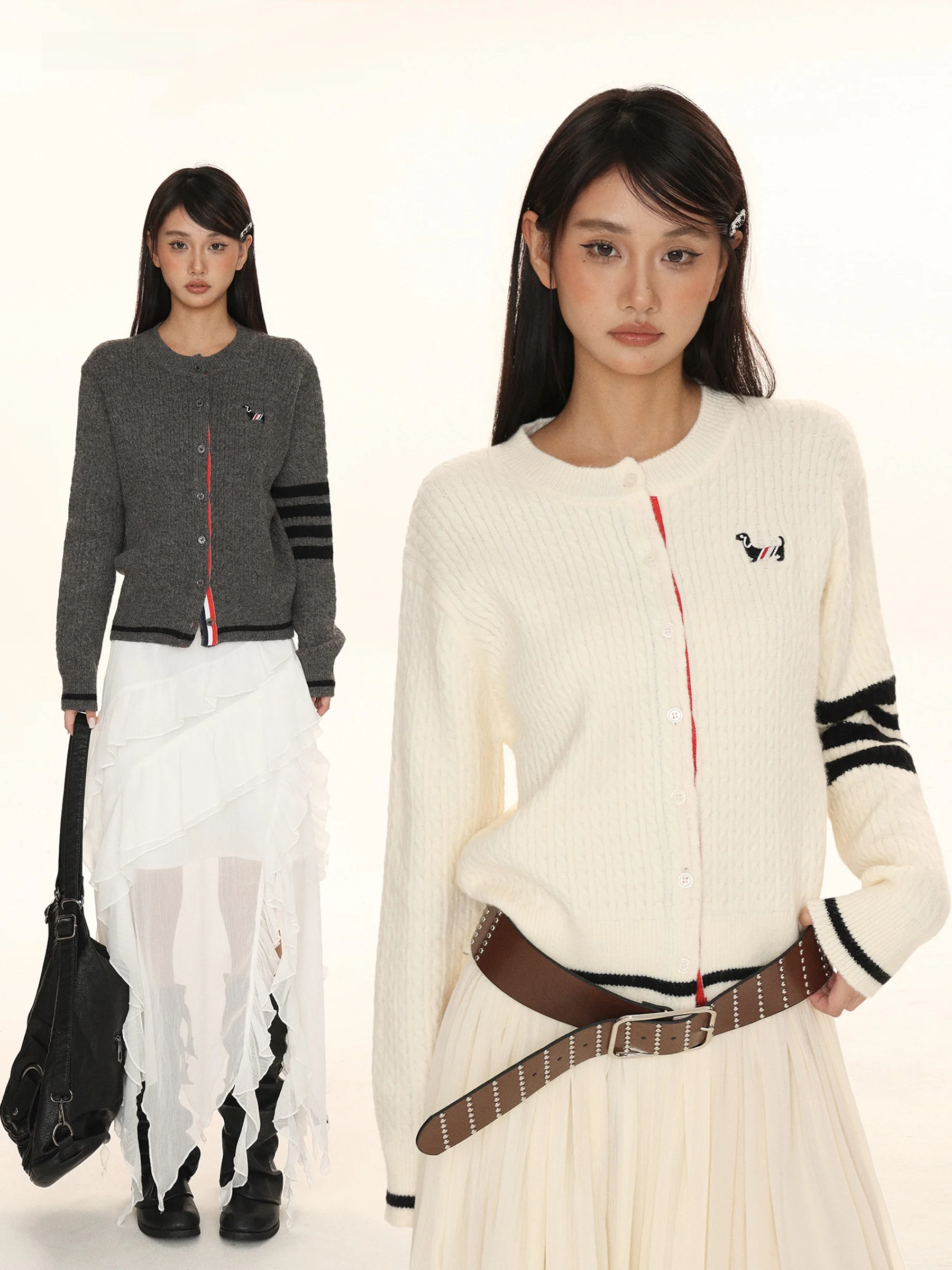 

Вязаный кардиган для женщин, повседневный свитер с круглым вырезом, вышивкой в виде собаки, в университетском стиле, теплый, утолщенный, с длинными рукавами