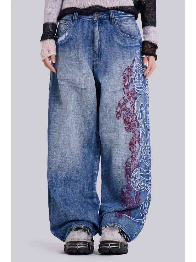 

HOUZHOU Y2k Embroidery Women Jeans Vintage Oversized Hip Hop Style American Retro Streetwear Wide Leg Denim Trousers Harajuku
