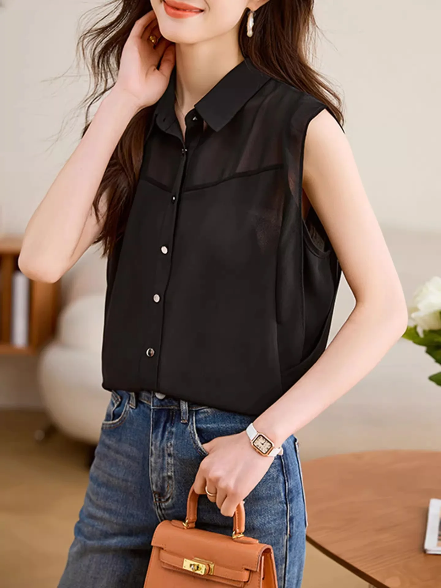 Csa Sem Mangas de Chiffon Respirável com Botão Único em Cor Sólida Design de Verão de Alta Qualidade Moda Fena Top