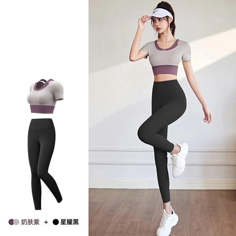 Chest Pad T Shirt+Leggings Women Yoga Two Piece Set Quick Dry Fitness Gym Crop Top Tracksuits Sportswear Running Clothing