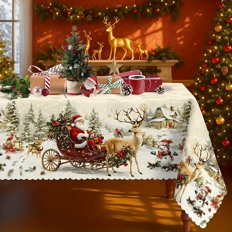 VIKAMA Vintage Christmas Tablecloth Rectangle Wreath Reindeer Snow Waterproof Wrinkle Free for Winter Holiday Dining