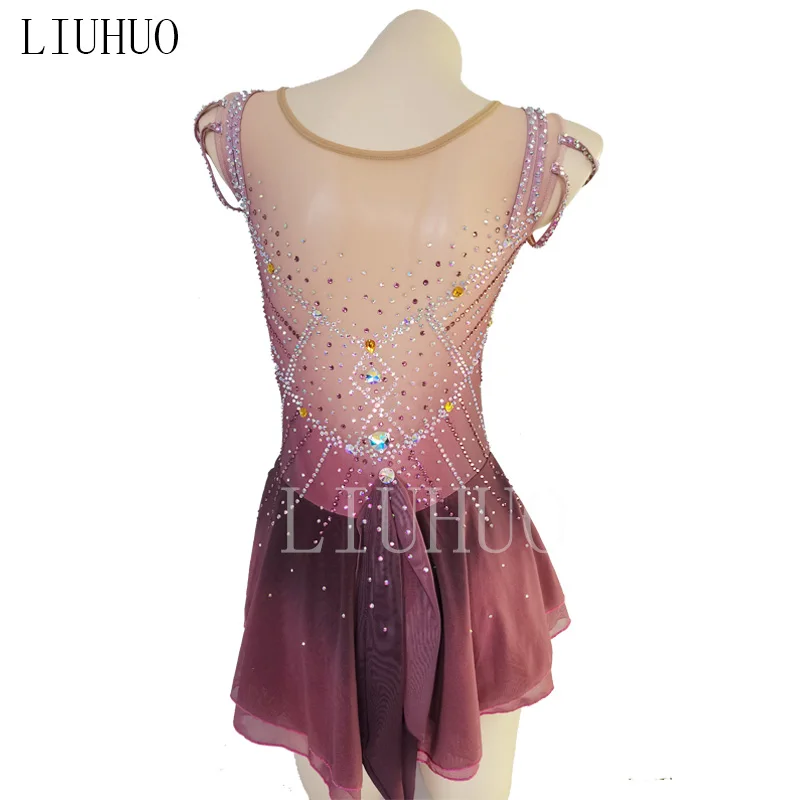 LIUHUO Figure Skating Dress Gorgeous Retro Pink Girl Mesh Skirt Competition Performance Training