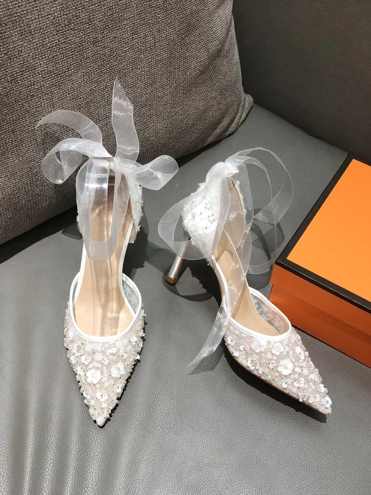 Wedding Shoes, Bridal Shoes, Rhinestone Lace Pointed Silk Ribbon High Heels, Women's New Style, Detailed Order Shoes