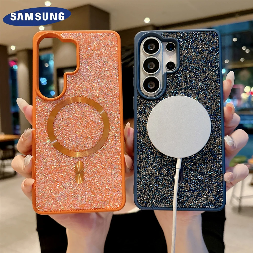 Strass paillettes pour Magsafe étui magnétique pour Samsung Galaxy S26 S25 S24 S23 Ultra Plus Charge sans fil mince couverture rigide pour PC