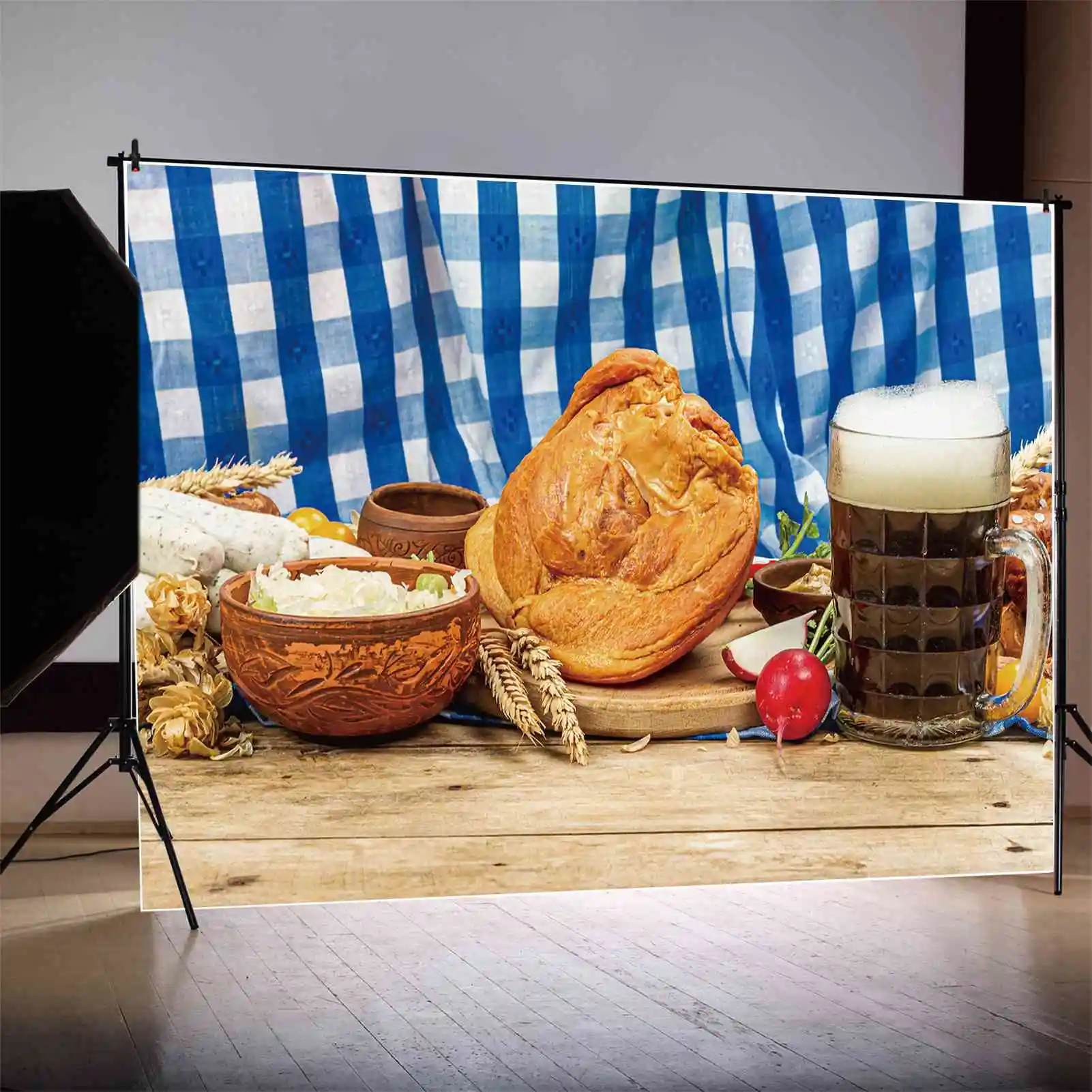 MOON.QG Backdrop Oktoberfest Beer Festival Blue Check Cloth Wood Plank Background Glass Turkey Wheat Radish Party Decorations