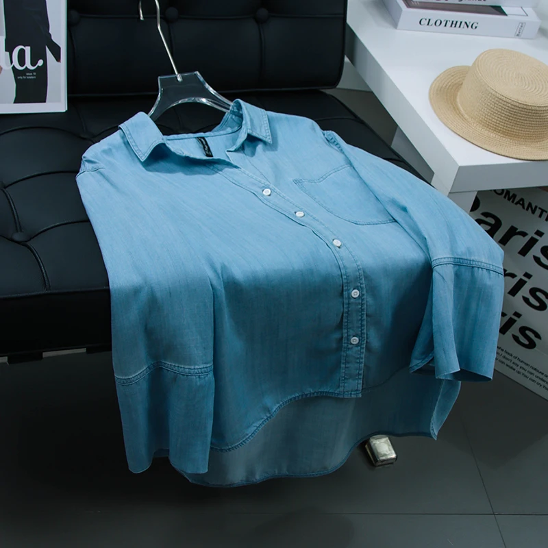 

Lightweight Denim Shirt for Women Loose Fit Slimming 3/4 Sleeves Versatile Turn-down Collar Casual Jacket