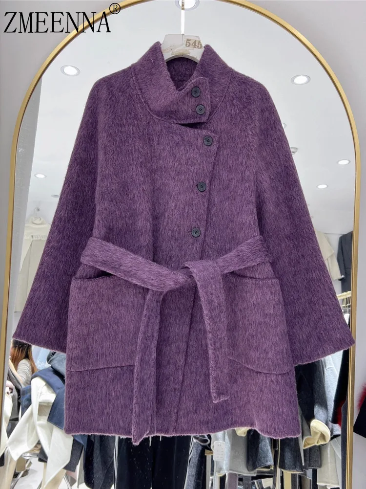 

ZMEENNA Womens Fashion Purple Wool Blend Coat High Stand Collar Button Tie Waist Warm Winter Outerwear Jacket ZM4662