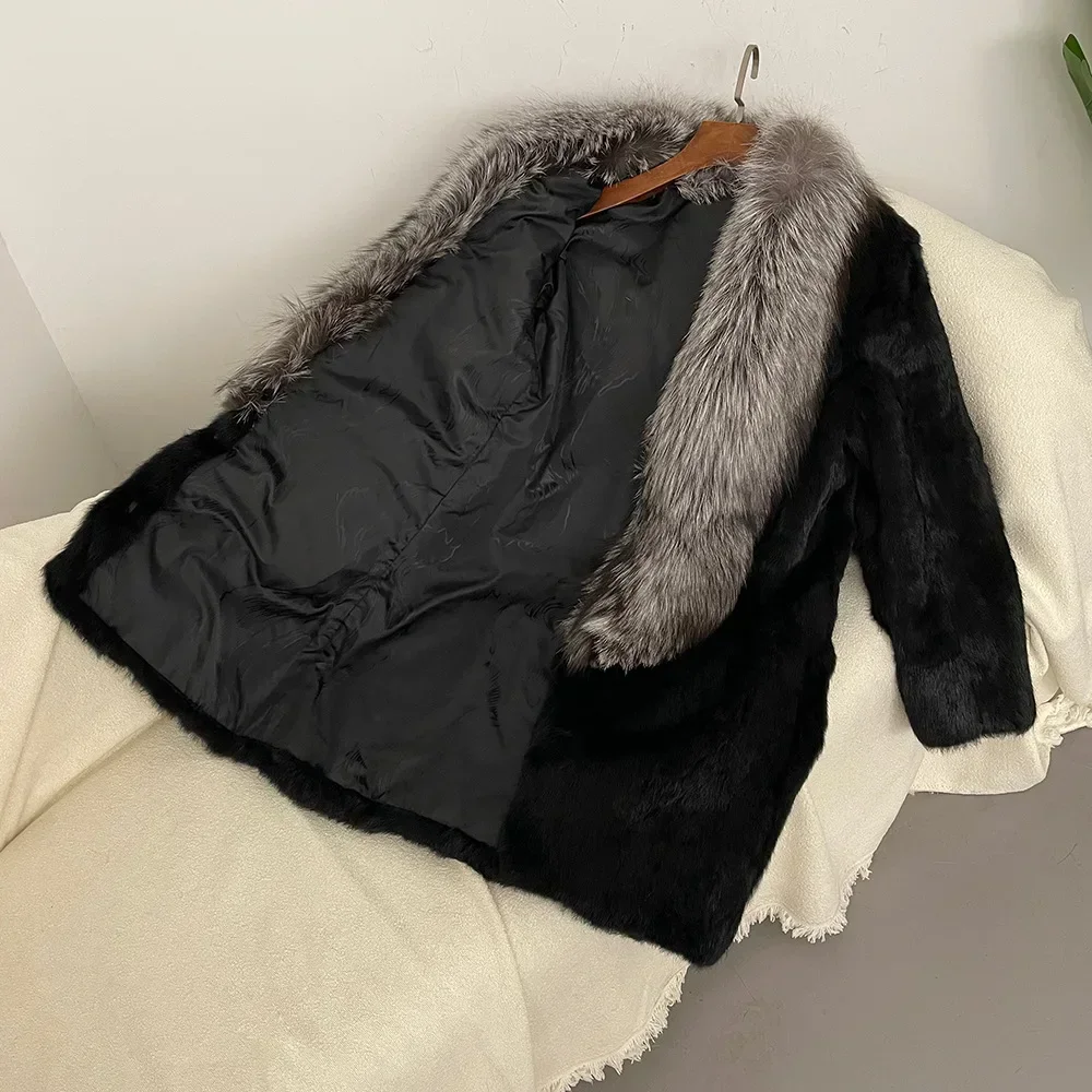 OFTBUY Fashion Real Rabbit Fur Coat 2024 Winter Coat Ladies Ladies Full Fur Coat Fur Medium Length Super Silver Fox Collar Coat