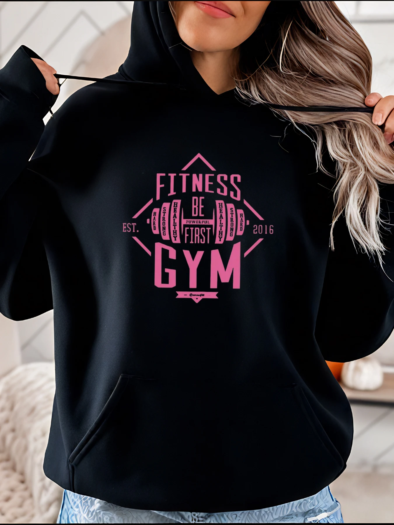 Fitness Gym Print Hoodie Casual Sporty Style with Barbell Design for Women Workout Wear