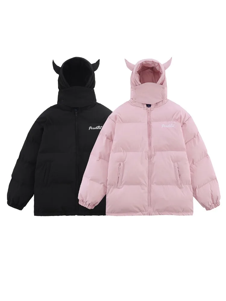 Hooded Pink Parkas Men Women Winter Devil\'s Horn Cotton Padded Jackets Loose Hip Hop Harajuku Y2k Puffer Bubble Outwear Coats