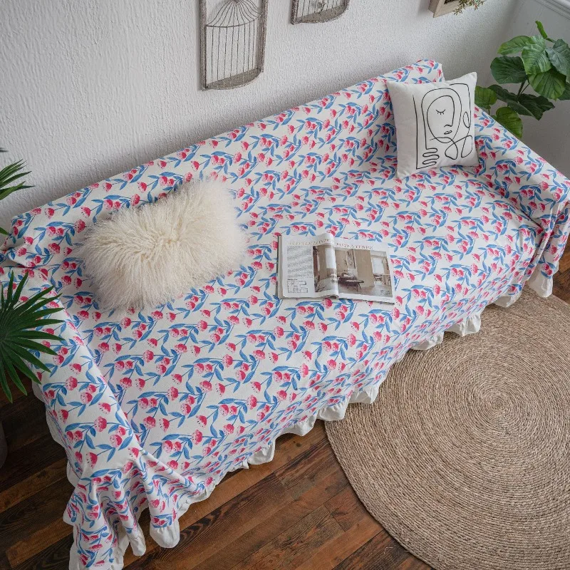Vintage Idyllic Sofa Towel Flower Print Lotus Leaf Edge Sofa Cover Pet-Friendly Anti-Scratch Couch Slipcover for Home Decoration