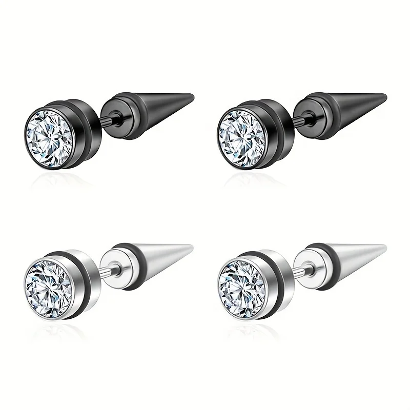 2/4pcs Punk Hip Hop Style Stainless Steel Cone Spike Tip Cubic Zirconia Stud Earrings for Men Women Cartilage Tragus Ear Jewelry