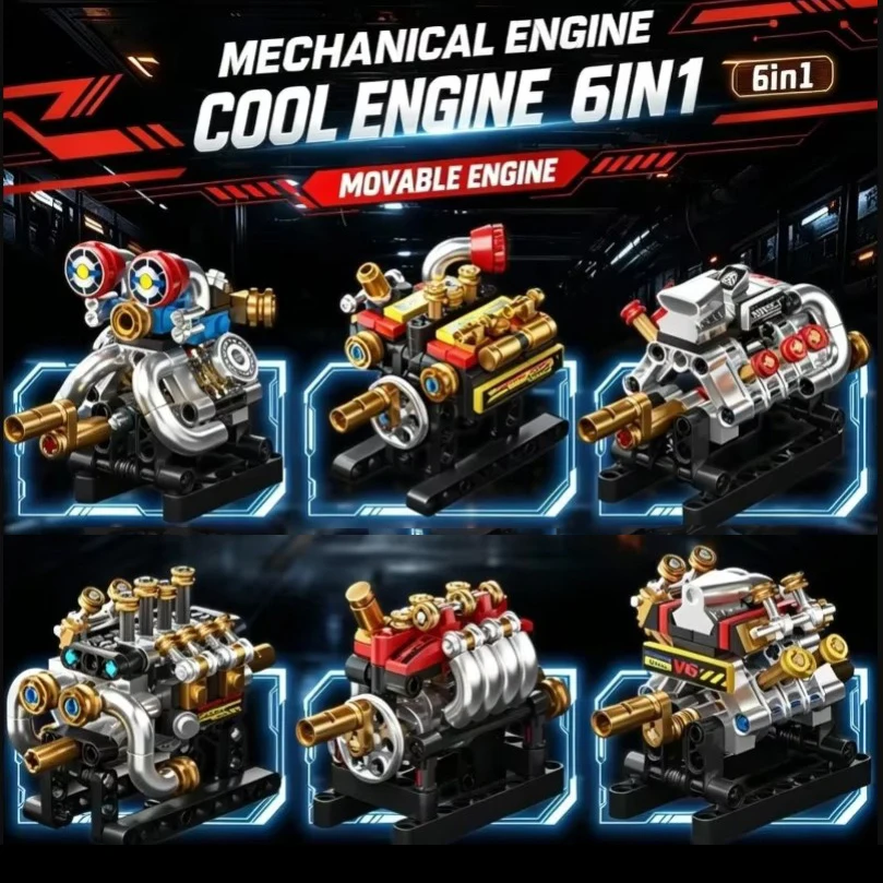 Building Blocks Mechanical Engine Model Kit, 6-in-1 Movable V6/V8 Engine Bricks Set, STEM Educational Toy for Kids（No Box ）