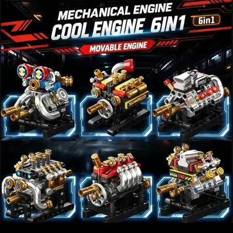 Building Blocks Mechanical Engine Model Kit, 6-in-1 Movable V6/V8 Engine Bricks Set, STEM Educational Toy for Kids（No Box ）