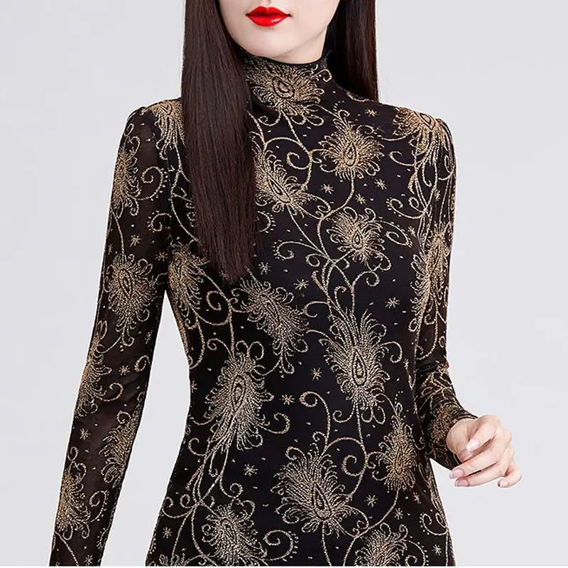 Fashion Bright Silk Pullovers Vintage Printed Women's Clothing Casual Half High Collar Spring Autumn Slim Long Sleeve T-shirt