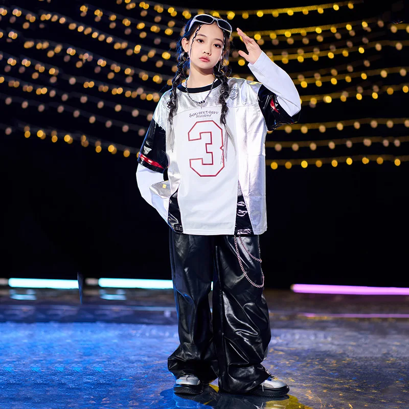 طفل الجاز ملابس رقص الحديثة لفتاة رقم 3 طباعة قصيرة الأكمام بلايز جلدية السراويل السوداء دعوى الأولاد الهيب هوب ملابس الرقص مجموعة