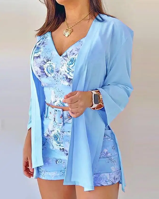 3Pcs Women Outfit 2024 Summer Fashion Spaghetti Strap Floral Print V-Neck Crop Cami Top & Casual Daily Shorts Set with Coat