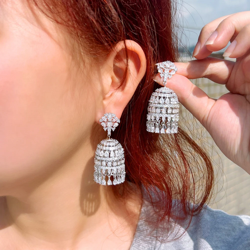 BeaQueen Luxury Round Shape Gypsy Bell Long Dangle Drop Earrings for Women Real 5A Cubic Zirconia Bridal Engagement Jewelry E591