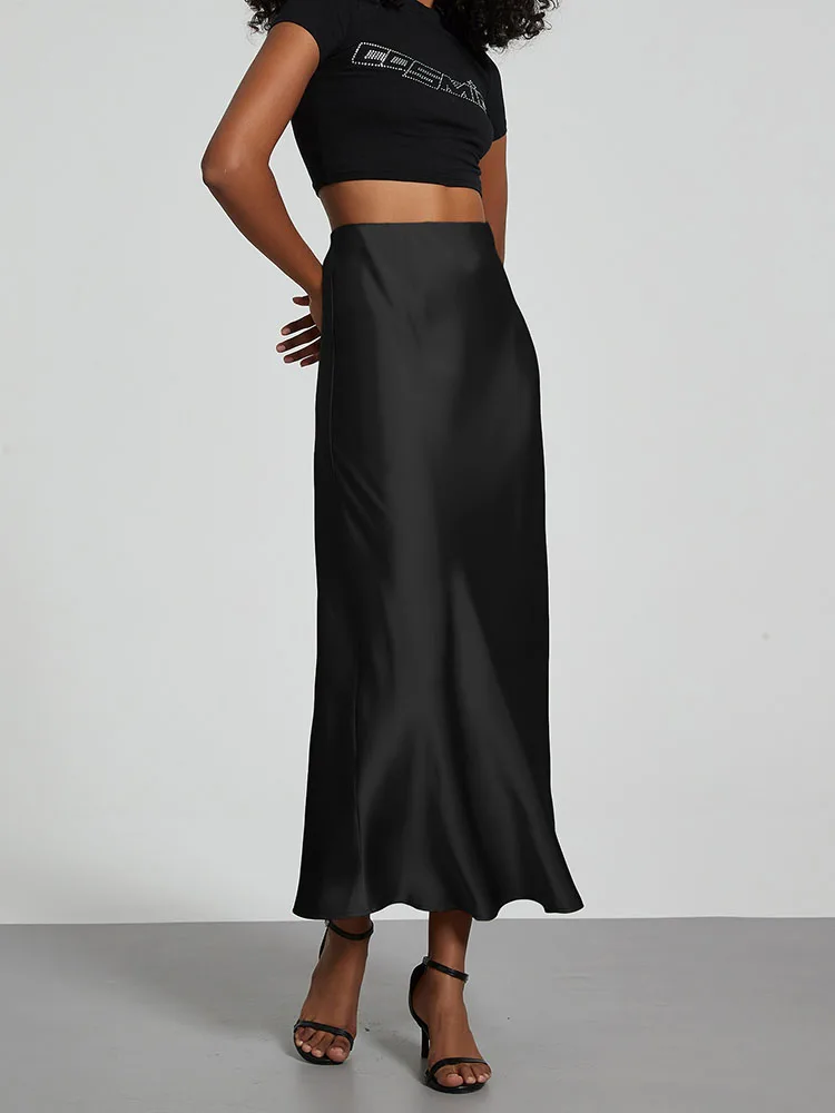 Fashion Satin Party Long Skirt High Waist Solid Color Casual Basic Women Skirts Fishtail Skirt Chic Summer Woman Clothing 2025