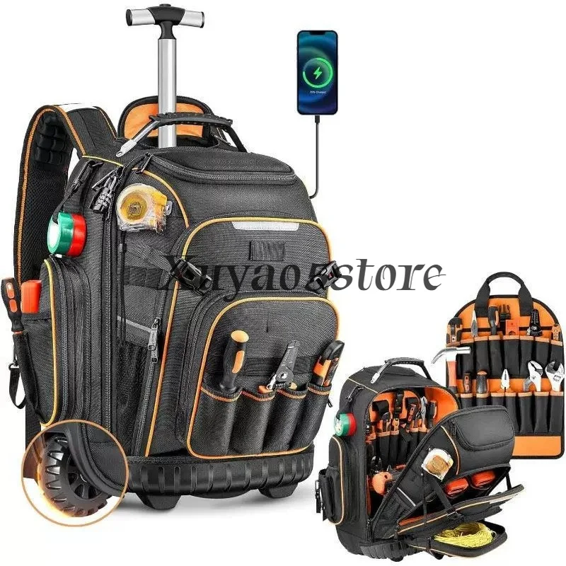Heavy Duty Rolling Tool Backpack with Wheels & Molded Base, Wheeled Tool Bag for Electricians & Construction Sites