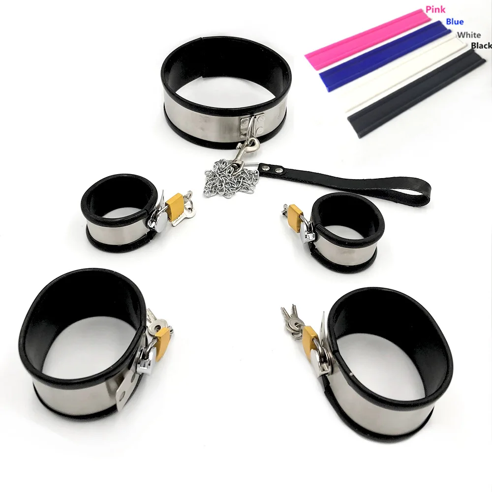 Adjustable Silicone Skin Erotic Bondage Cuffs 3pcs Set Neck Collar Handcuffs,and Ankle Cuffs SM Party Props Couple Sex