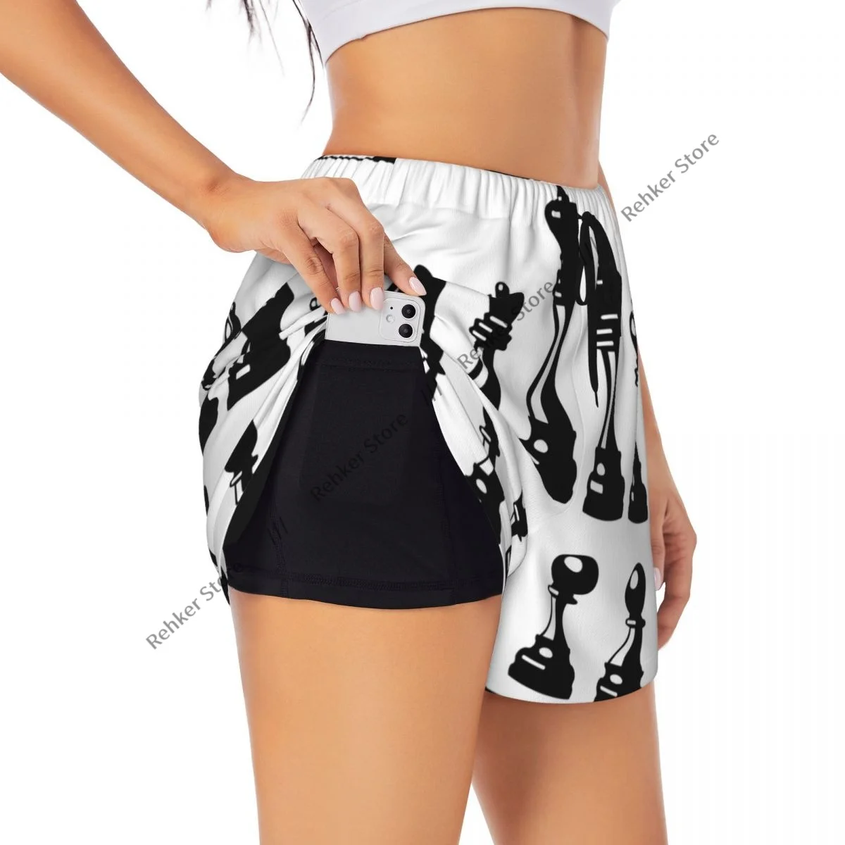Pantaloncini da yoga per donna Pantaloncini da fitness Pantaloncini sportivi da allenamento per motociclisti Pezzi degli scacchi in bianco e nero Abbigliamento sportivo ad asciugatura rapida con tasca