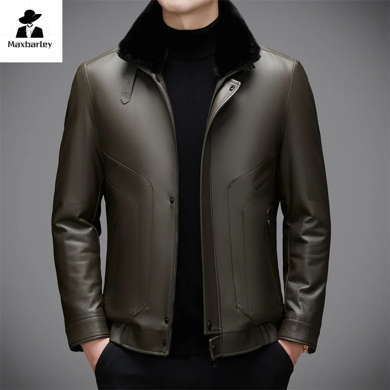 Down Jacket Men's Luxury Leather Jacket Winter High-end Fashion Slim-fit Thickened Detachable Fur PU Leather Coat Male 2024 New