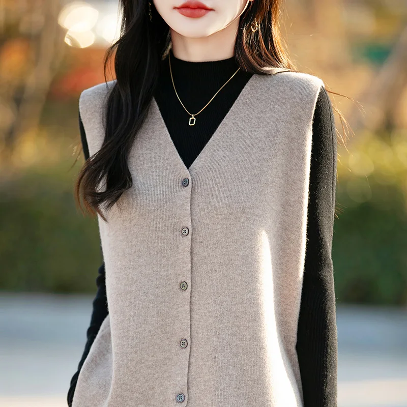 Rompi Wol Murni 100% Rompi Rajutan Kardigan Wanita 2025 Jaket Longgar Baru Rompi Joker Sweter Tanpa Lengan Kerah V Warna Solid