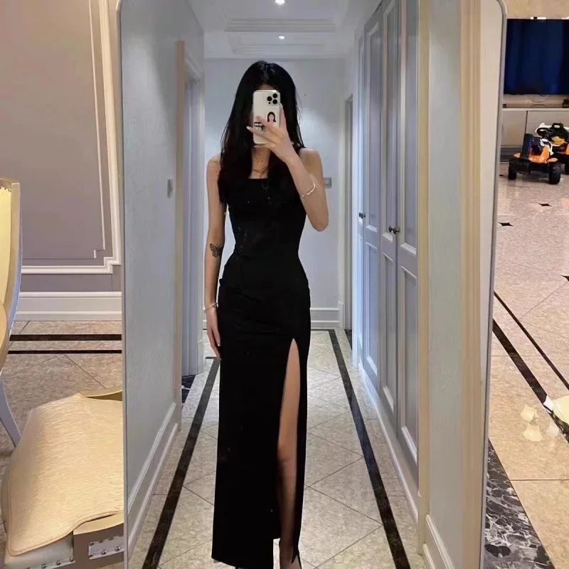 فستان طويل أسود بدون حمالات للنساء، تصميم عصري، سيدة حسية خفيفة، ناضجة، رغبة نقية، رغبة رياح، تنحيف الخصر #3