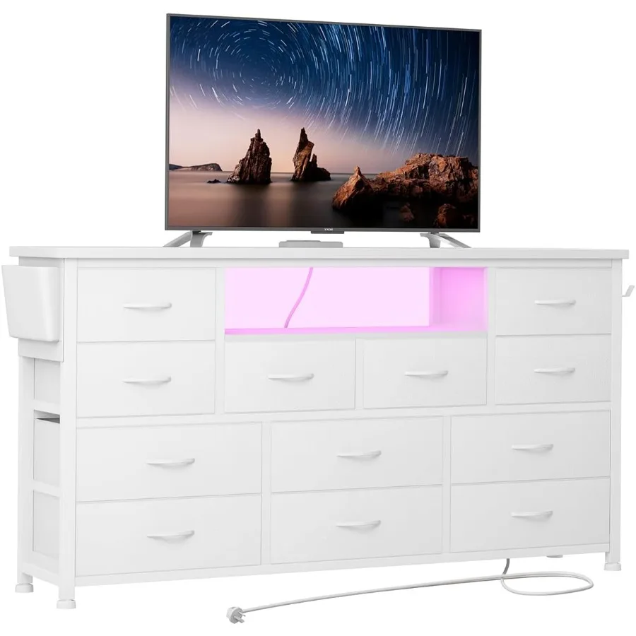 Dresser TV Stand with Power Outlet LED for 45'' TV Long Dresser for Bedroom with 12 Drawers Wide Console Table for Storage in C