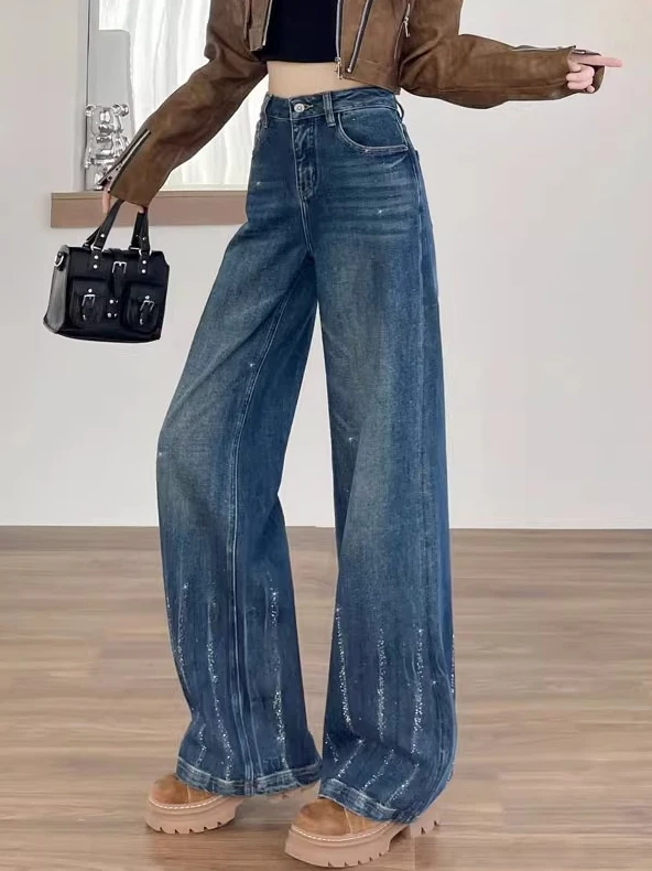 

Ретро блестящие ромбовидные повседневные прямые широкие брюки женские модные с высокой талией на молнии синие джинсовые весенние новое поступление