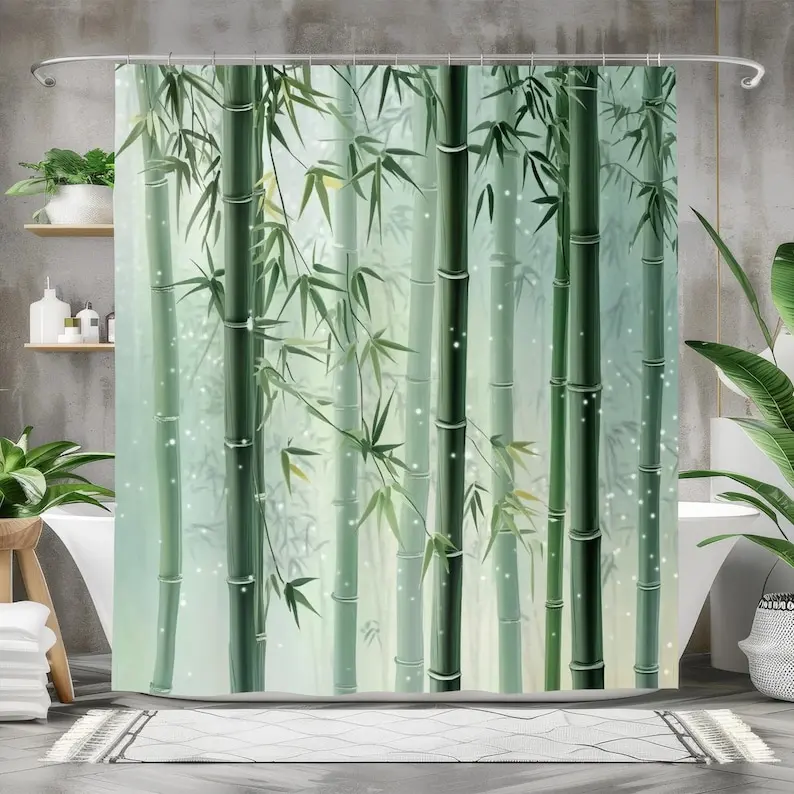 Bamboo Forest Shower Curtain, Waterproof Fabric Bath Curtain, Zen Nature Bathroom Decor, Tranquil Green Bamboo Design
