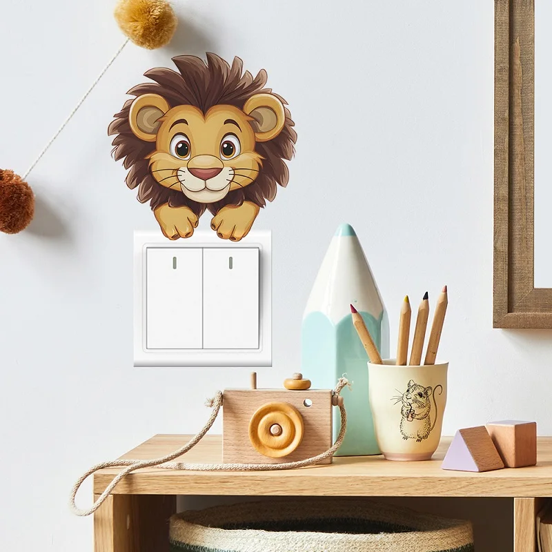Cartoon Cute Lion Switch Sticker Living Room Bedroom Entrance Home Beautification Lion Wall Sticker Self-adhesive